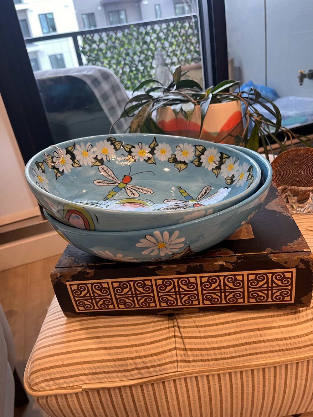 2 Hand-Painted Blue Floral Dragonfly & Butterfly Ceramic Bowls